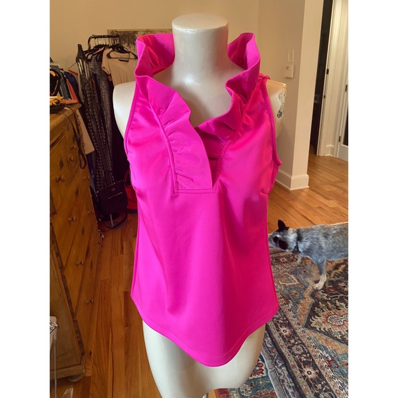 Gretchen Scott Tops - Gretchen Scott Hot Pink Ruffle Neck Sleeveless Top Small V-Neck Stretch Top